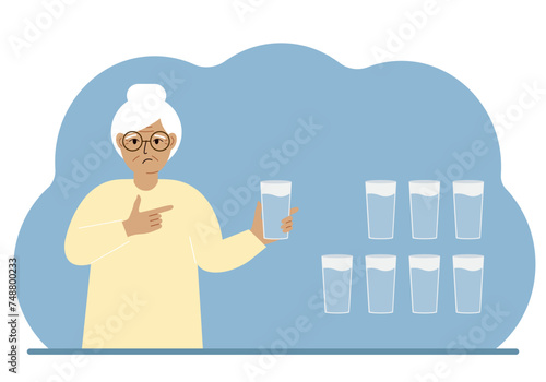 The woman is holding a glass of water. Water balance infographic. 8 glasses of water every day. Healthy lifestyle.