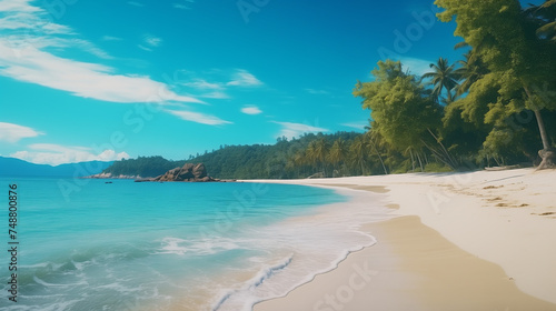 Tropical paradise beach with palm trees and turquoise water under a clear blue sky