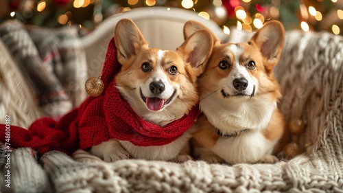 Cozy indoor setting with two joyful Corgis wrapped in a red scarf © rorozoa