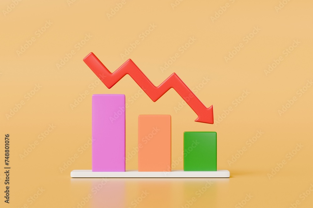 3d Red arrow with Graphs bars. bars charts with down red arrow on yellow isolated background. analytics online investment exchange, finance business economics. minimal cartoon. 3D rendering 3d Red arrow with Graphs bars. bars charts with down red arrow on yellow isolated background. analytics online investment exchange, finance business economics. minimal cartoon. 3D rendering