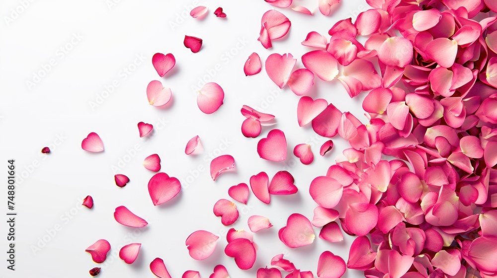 Pink rose petals white background. Romantic card background.