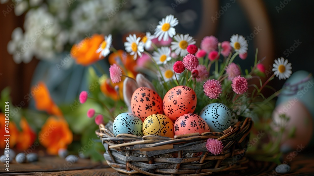 Close-up of colorful Easter eggs arranged in a basket, with spring flowers in the background Close-up of colorful Easter eggs arranged in a basket, with spring flowers in the background