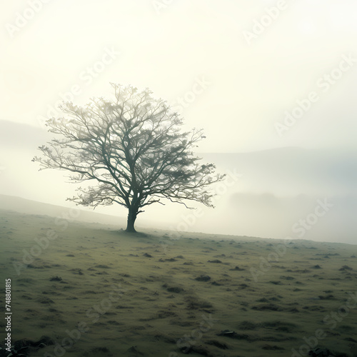 A solitary tree in a misty meadow.  © Cao