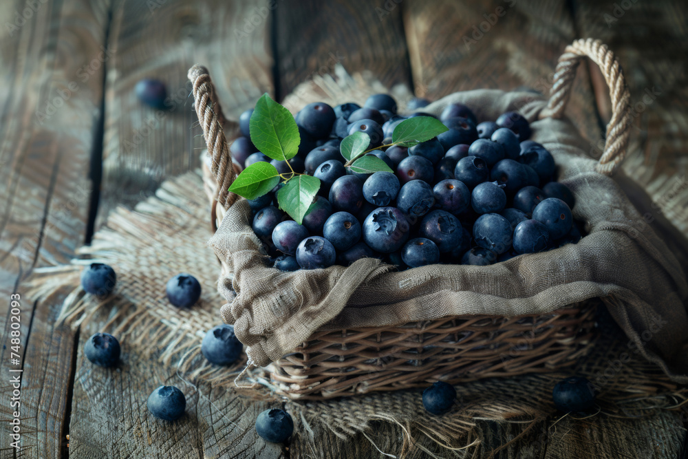 Obraz premium Fresh blueberries in rustic basket, evoking wholesome simplicity.