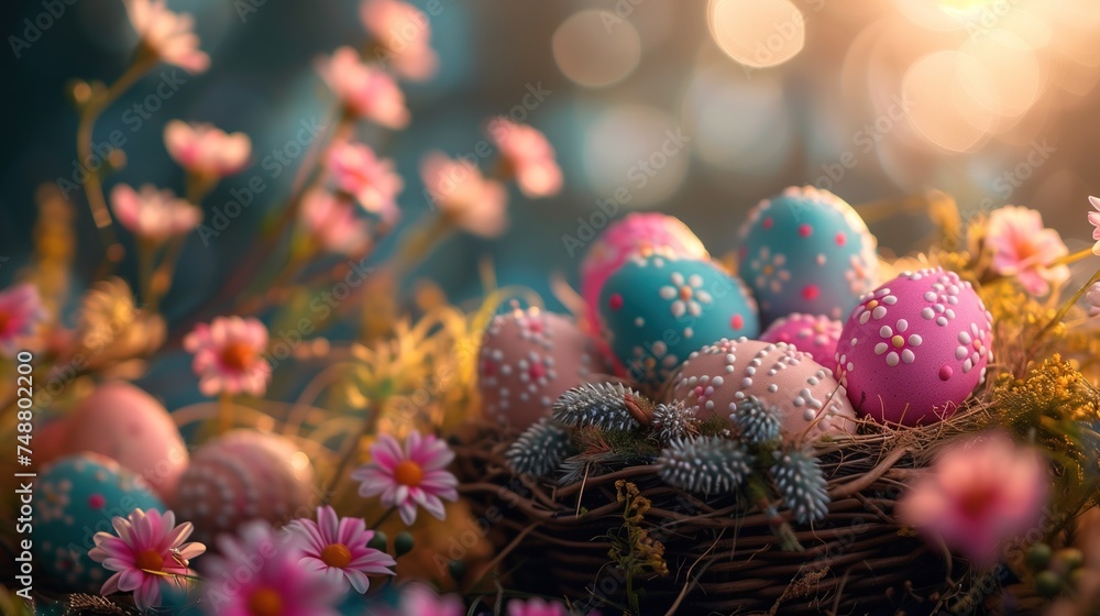 Close-up of colorful Easter eggs arranged in a basket, with spring flowers in the background Close-up of colorful Easter eggs arranged in a basket, with spring flowers in the background