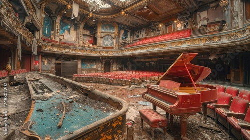 Grand piano in a lavishly deserted theater hinting. Generative Ai