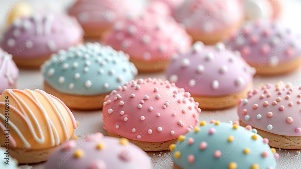 Happy Easter. Multicolored pastel easter cookies: banny, eggs, on a white background Happy Easter. Multicolored pastel easter cookies: banny, eggs, on a white background
