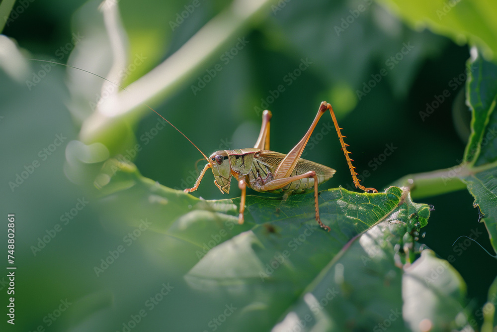 A vivid grasshopper perches on lush green foliage, its detailed anatomy poised for observation.