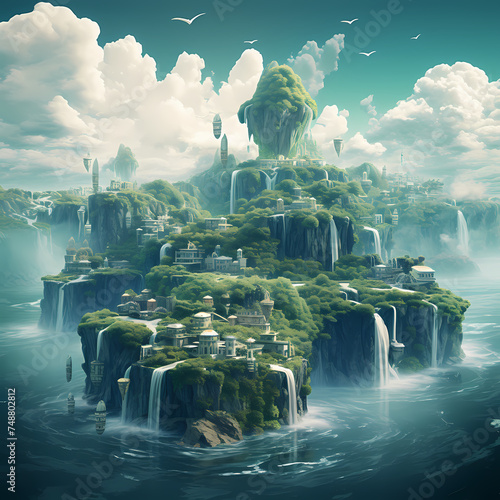 A surreal landscape with floating islands and waterfalls © Cao