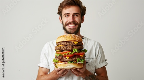 Man holding big burger  man with extra large hamburger on white background