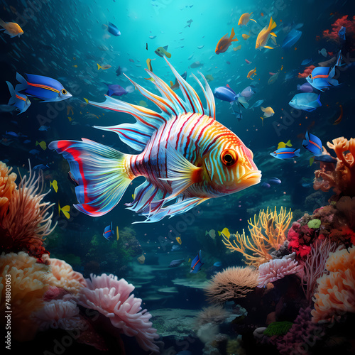 A surreal underwater scene with exotic fish. 