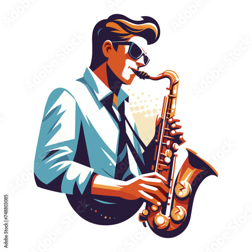Musician playing saxophone, music player performing solo, holding sax instrument in hands, man saxophonist, jazz and blues performance. Flat vector illustration isolated on white background