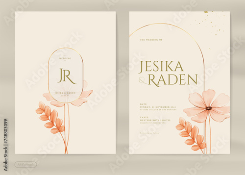 Aesthetic Wedding Invitation Template with Vintage Brown Flower Watercolor