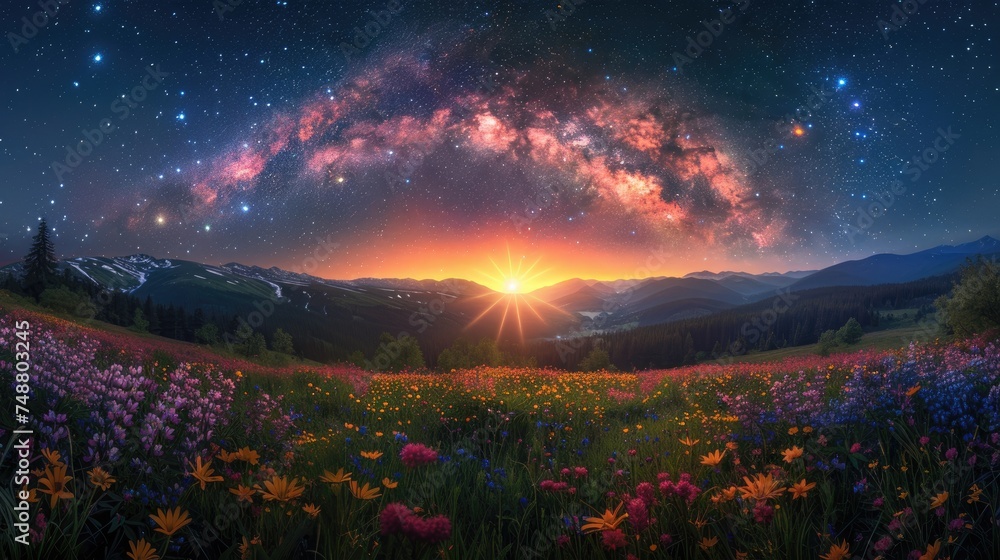 Milky Way galaxy passing over a meadow filled with wildflowers. Generative Ai - obrazy, fototapety, plakaty 