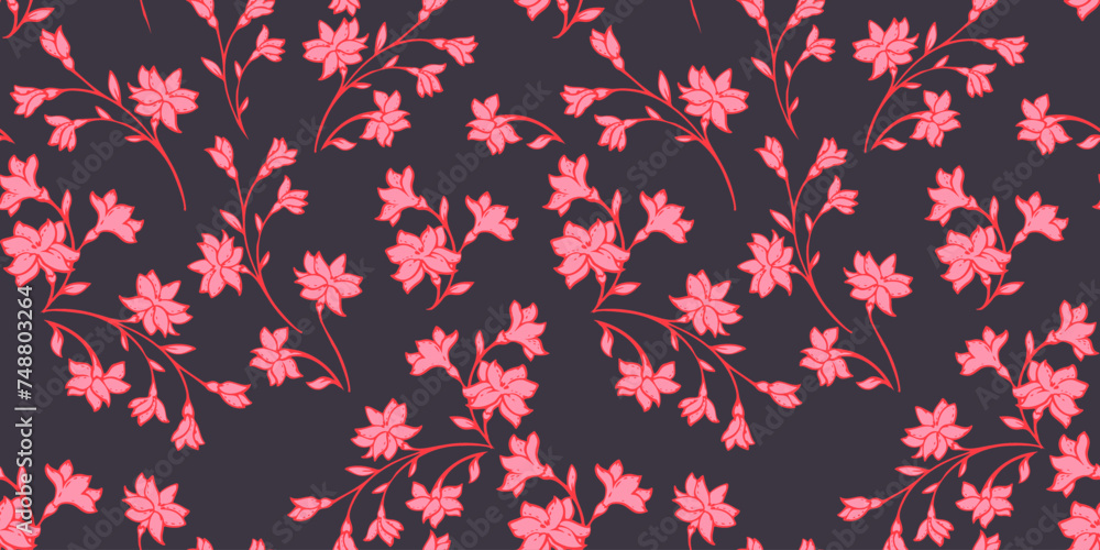 Artistic abstract branches with tiny wild ditsy floral, buds seamless pattern. Vector hand drawn sketch red flowers silhouettes on dark background printing. Collage template for designs, fabric