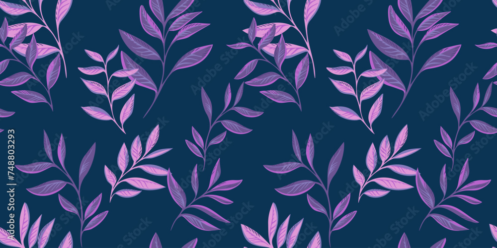 Artistic abstract leaf stem seamless pattern. Vector hand drawn. Simple dark blue background with purple branches leaves on a print. Collage template for designs, textile, fabric Artistic abstract leaf stem seamless pattern. Vector hand drawn. Simple dark blue background with purple branches leaves on a print. Collage template for designs, textile, fabric
