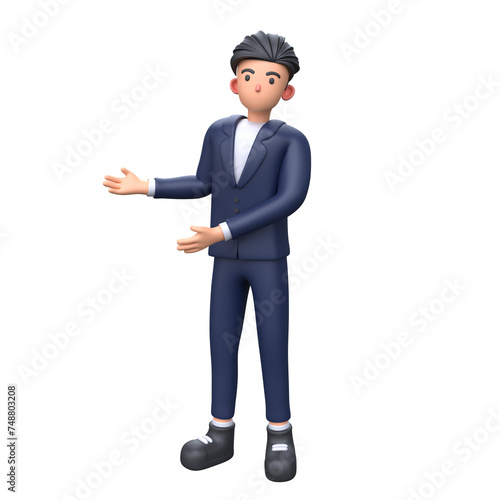 3D Businessman showing something in left side