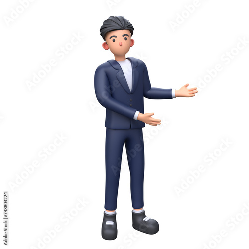 3D Businessman showing something in right side