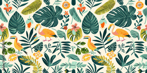 A seamless pattern of hand-drawn tropical elements for an exotic jungle wallpaper