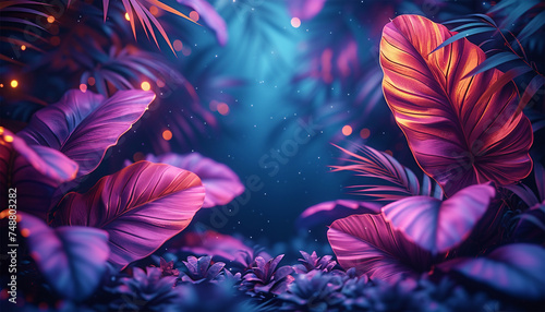 Creative fluorescent color layout made of tropical leaves. Flat lay neon colors. Nature concept. Palm leaves neon colors edge frame with copy space. Purple and pink © annebel146