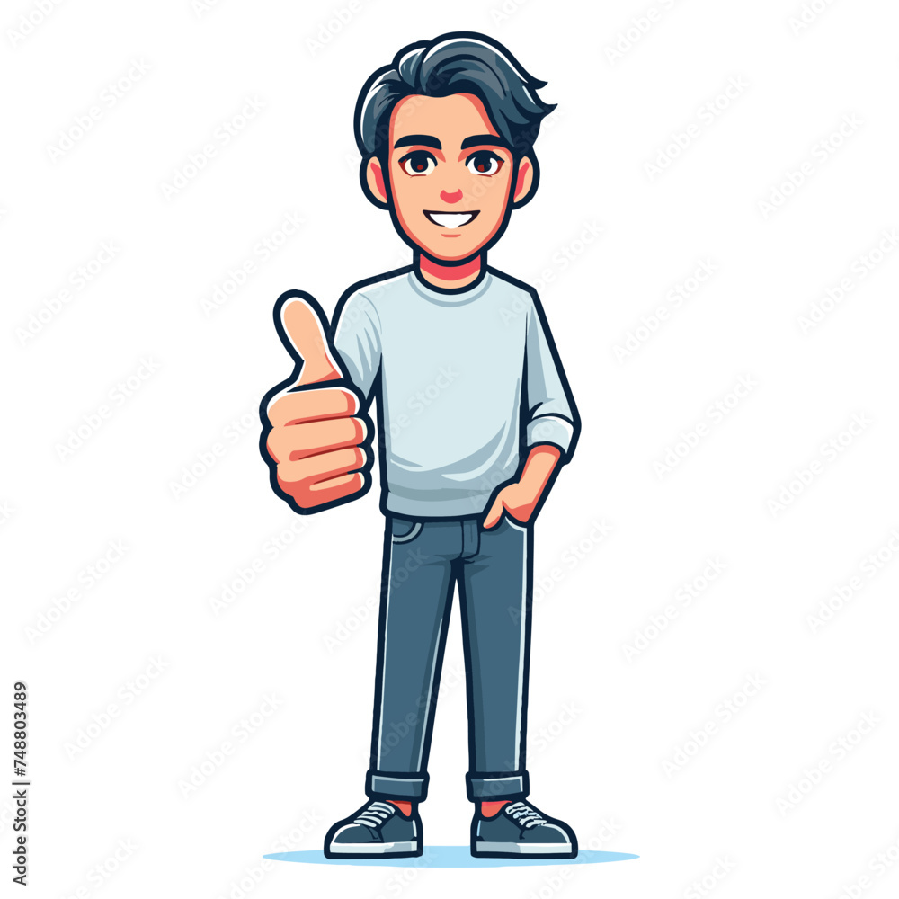 Man giving thumbs up vector illustration, happy guy showing OK gesture, approval sign, positive emotion, work done sign design template isolated on white background