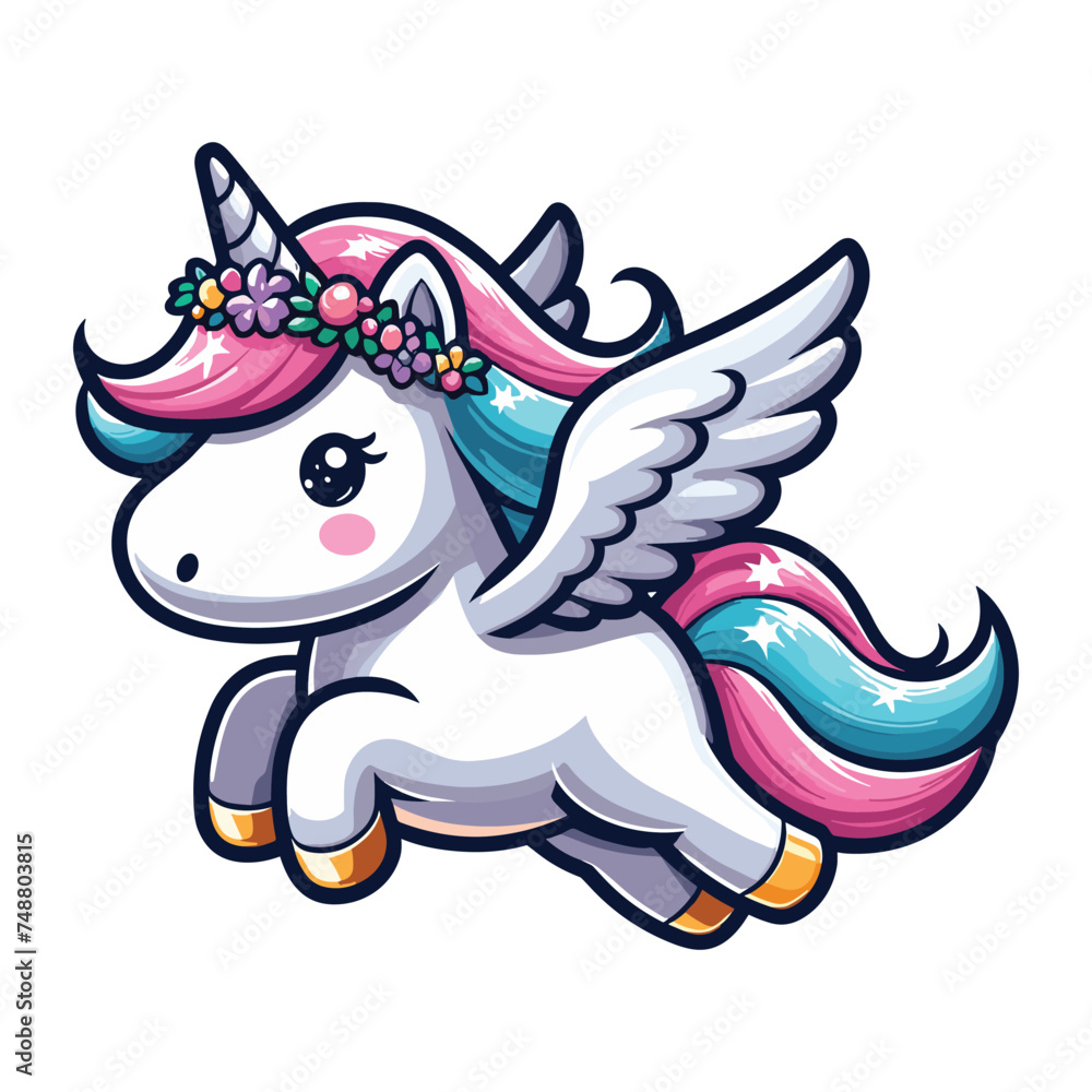 Cute unicorn cartoon character vector illustration, happy adorable magic unicorn with rainbow mane and tail design template isolated on white background Cute unicorn cartoon character vector illustration, happy adorable magic unicorn with rainbow mane and tail design template isolated on white background