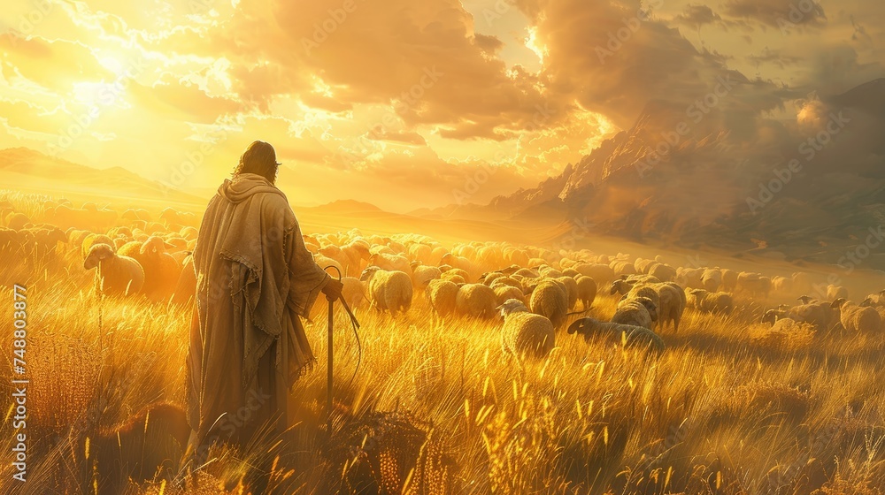 Poignant image of Jesus Christ as a shepherd. Generative Ai - obrazy, fototapety, plakaty 