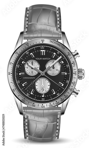 Realistic clock watch chronograph silver black face grey leather arrow white black number on isolated background design for men luxury vector