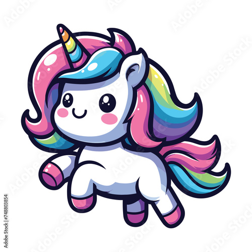 Cute unicorn cartoon character vector illustration, happy adorable magic unicorn with rainbow mane and tail design template isolated on white background © lartestudio