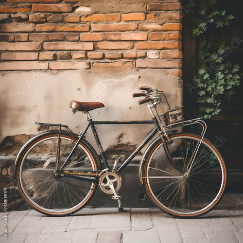 A vintage bicycle leaning against a brick wall.