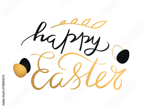 Happy Easter calligraphy and brush lettering. Decorated with golden Easter eggs and plant branch. Vector illustration