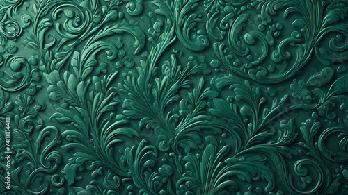 green background tone with embossed floral pattern on metal surface.