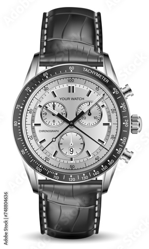 Realistic clock watch chronograph silver face black white arrow number on isolated background design for men luxury vector