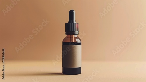 bottle of essential oil or serum with a dropper and a matte brown label.