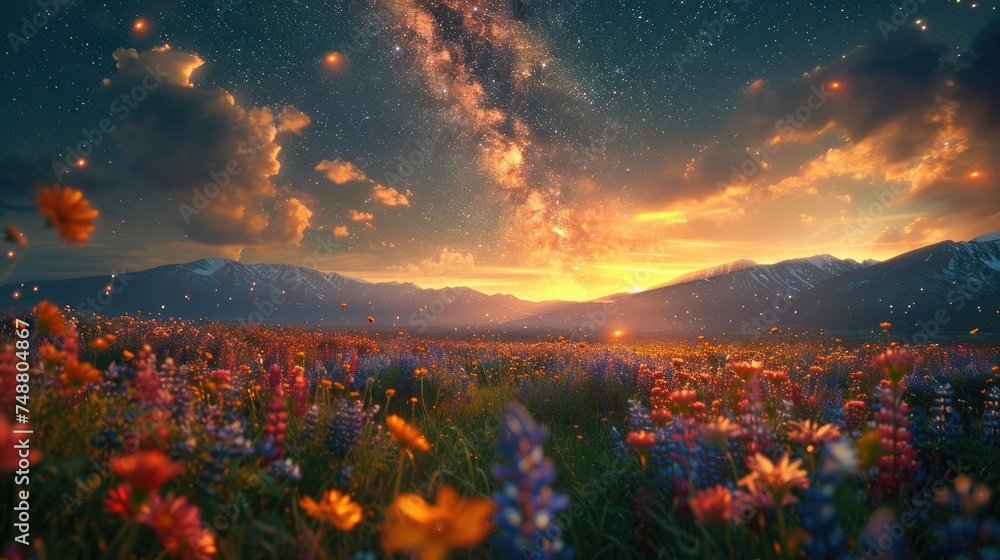 Milky Way galaxy passing over a meadow filled with wildflowers. Generative Ai - obrazy, fototapety, plakaty 