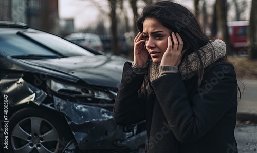 Sad young woman after a car accident holding her head. Car accident on the street, damaged car on the background