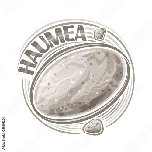 Vector logo for Dwarf Planet Haumea, decorative cosmo print with rotating moons Hi'iaka and Namaka around oval planet, square space poster with unique letters for grey text haumea on white background photo