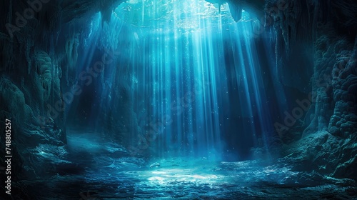 Unidentified submerged cave with beams of light. Generative Ai © MinixT