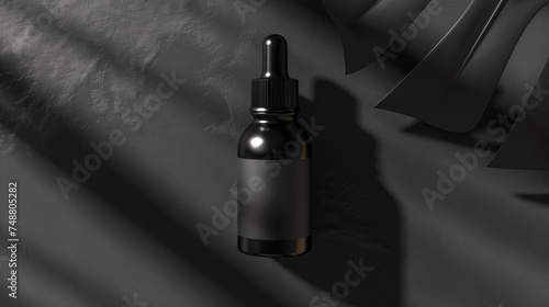 bottle of essential oil or serum with a dropper and a matte black label. photo