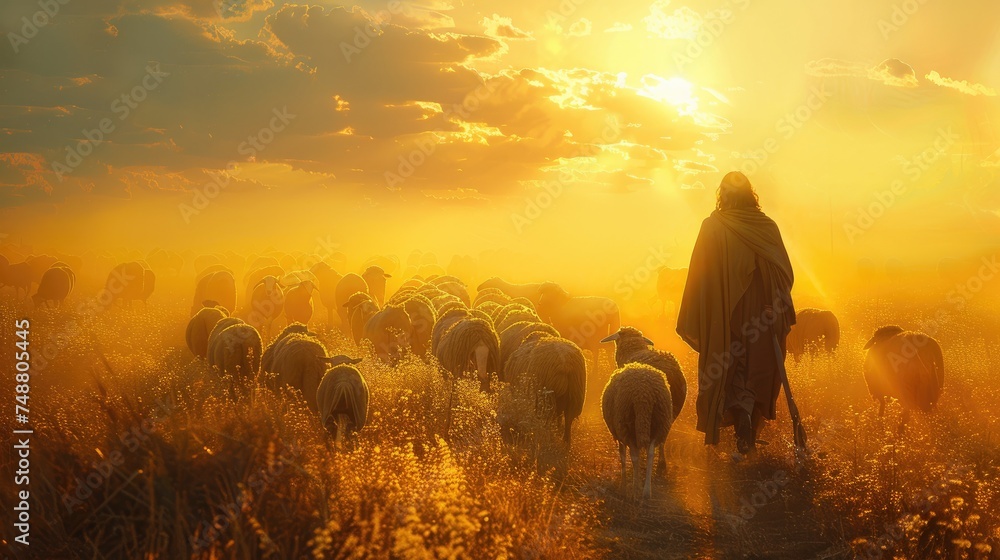 Poignant image of Jesus Christ as a shepherd. Generative Ai - obrazy, fototapety, plakaty 