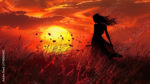 Woman's silhouette in a meadow against a backdrop of sunsets. Generative Ai