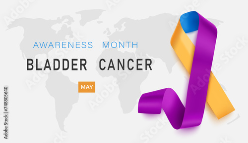 Blue, yellow, and purple ribbon awareness month Bladder cancer. Isolated on white background. Vector illustration.
