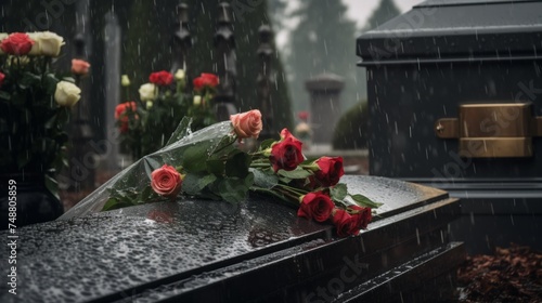 Funeral, coffin with flowers. Rainy day, commemoration, death, memories. 