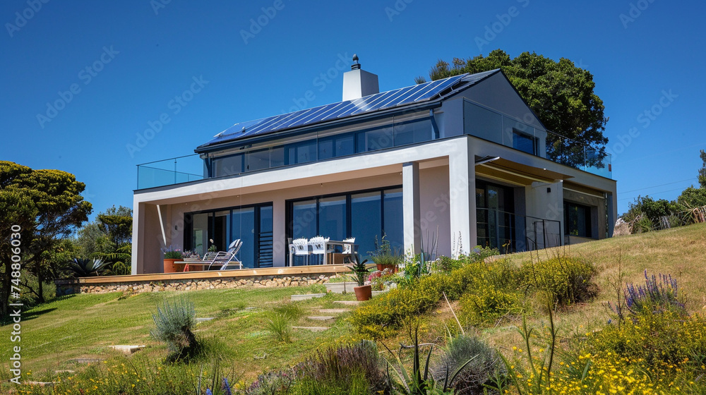 Smart modern home solar panel system, renewable energy lifestyle, eco-friendly sustainable living