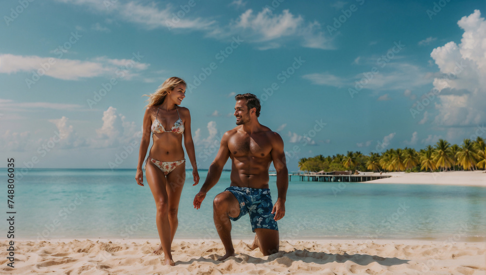 Bellissima coppia sulla spiaggia di un'isola tropicale in una giornata di sole durante una vacanza, luna di miele. - obrazy, fototapety, plakaty 
