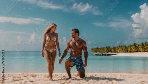 Bellissima coppia sulla spiaggia di un'isola tropicale in una giornata di sole durante una vacanza, luna di miele.