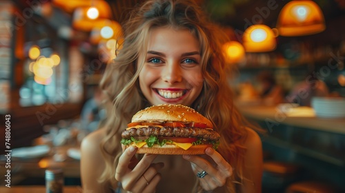 Woman holding big burger  Extra large hamburger