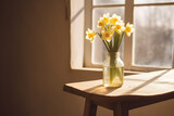 a vase with blooming yellow flowers is bathed in the warm, golden light filtering through the window blinds. The main focus is on a small, soft lighting and natural elements
