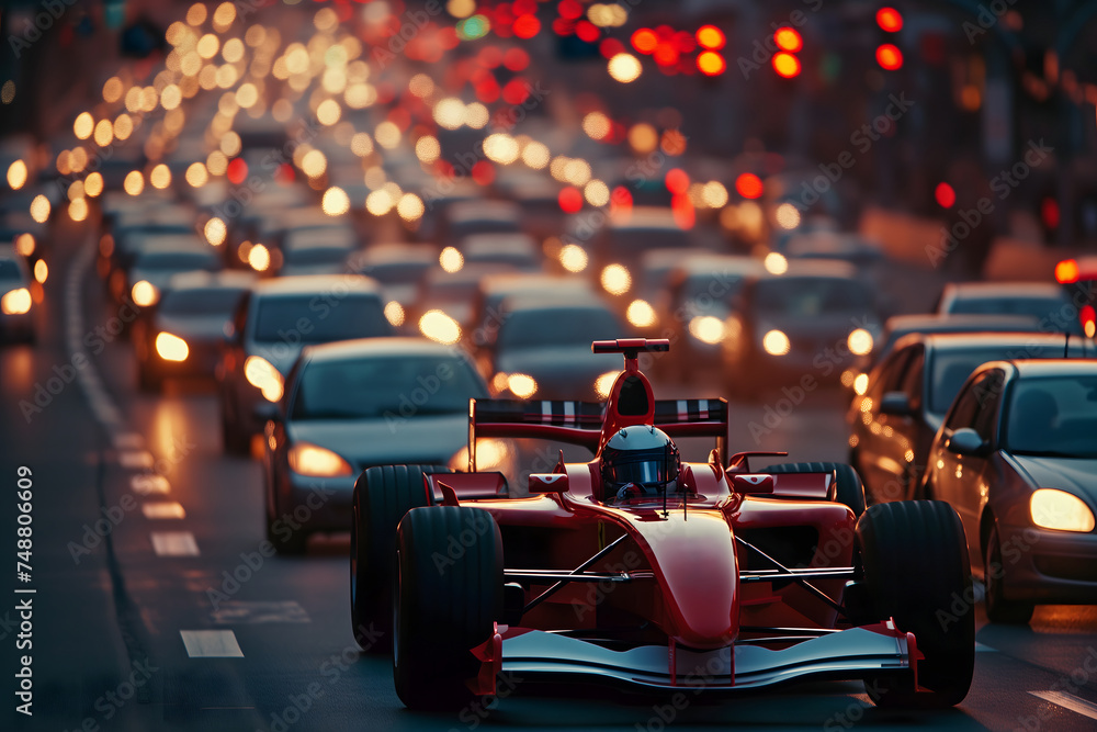 Formula 1 car stuck in traffic at the rush hour on the road of a capital city. Neural network generated image. Not based on any actual scene or pattern. - obrazy, fototapety, plakaty 