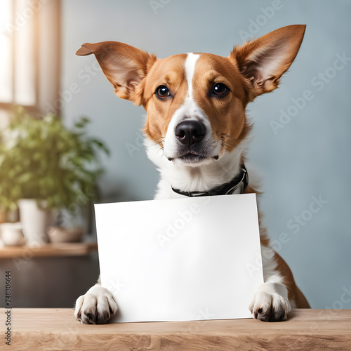 A portrait of a funny cute dog holding blank white paper for mock up © Mikhail